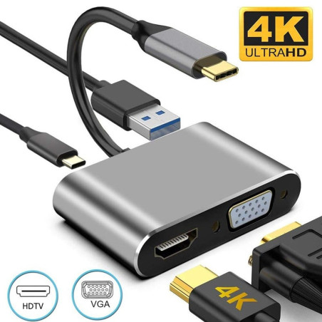 HUB Docking Station Tipo-C, 4 Em 1, Para USB, HDMI, VGA E Porta De Carregamento Tipo-C PD, Em Metal – Goeik