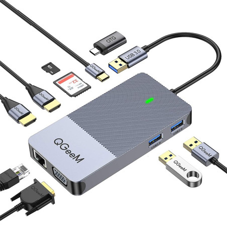 HUB Docking Station Tipo-C 9 Em 1 Para USB 3.0, Tipo-C, HDMI, VGA, RJ45 E Leitor De Cartões SD / Micro SD - QGeeM