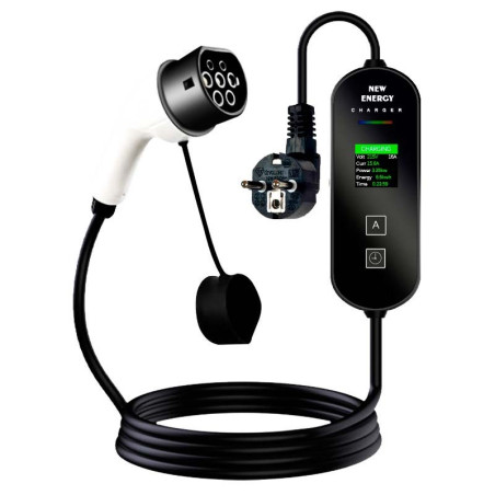 Carregador portátil para EV c/ display e cabo 16A/3,5KW/5M com cabeça de ficha Schuko