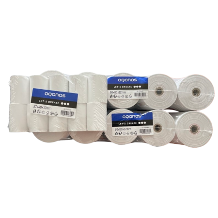 Rolos de Papel Térmico | 57x40x12 | 80x80x12 | 65 g/m²  | Pack de 20 Unidades