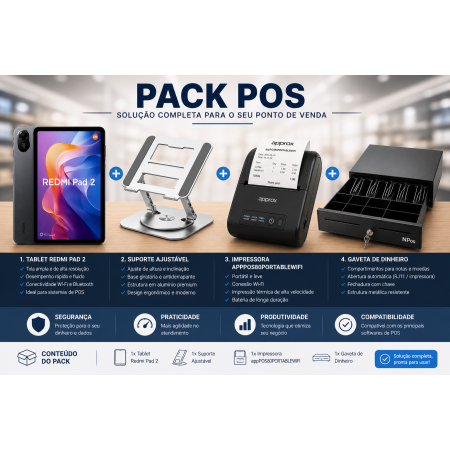 Pack Completo de POS Tablet + Suporte + Impressora + Gaveta
