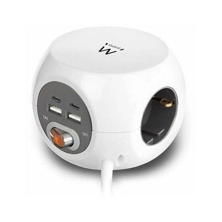 EWENT BLOCO TOMADAS CUBICO 3xSOCKETS (SHUKO) 2xUSB-C 2XUSB 3.4MA BRANCO 1.5MT