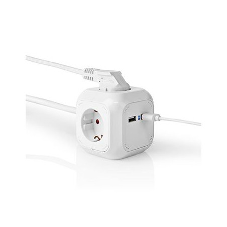 NEDIS EXTENSÃO ELETRICA CUBO 3 TOMADAS + 2 PORT USB 1.5M WHITE