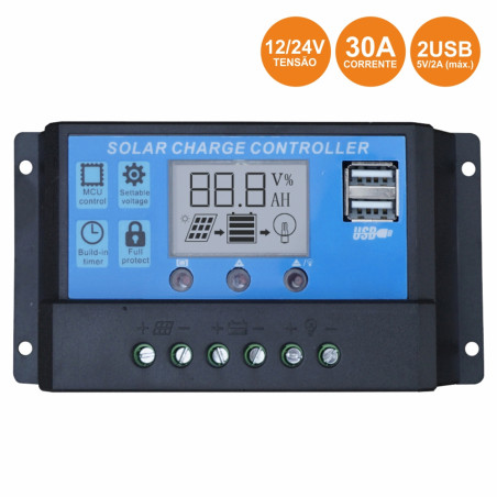 Regulador Painel Fotovoltaico 30A 12/24VDC 2X USB